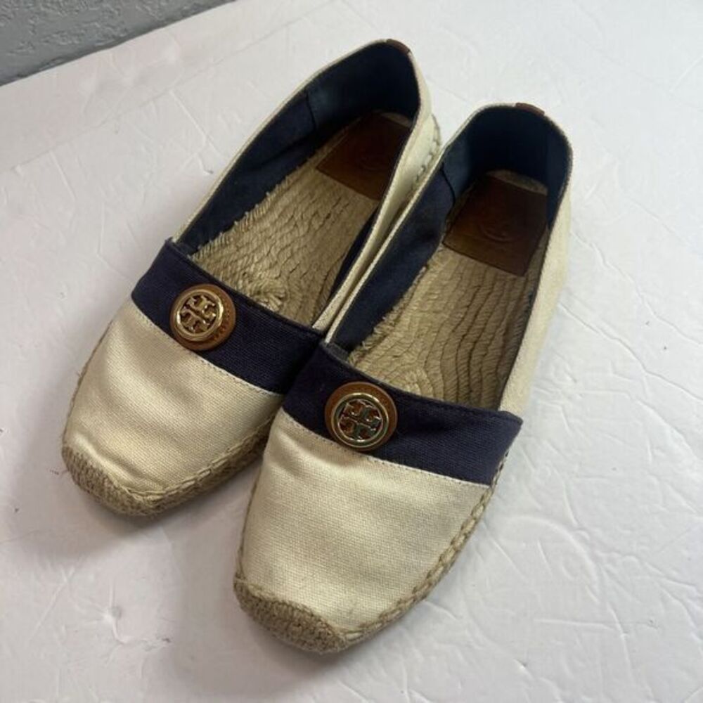 Tory‎ Burch Beacher Canvas Espadrille Flat, Ivory/Newport Navy Size 9